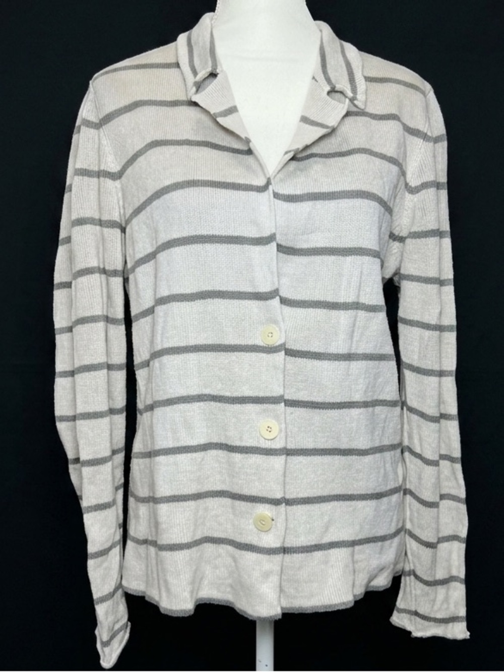 EILEEN FISHER Cotton Button Front Cardigan Women's Large Cream Gray Striped